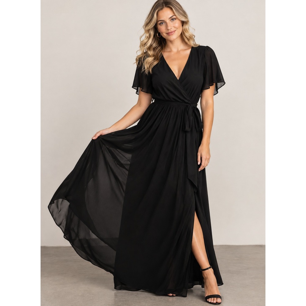 NWT Baltic Born Kristina Maxi Dress Black XL Chiffon Wrap-Style Gown Flutter